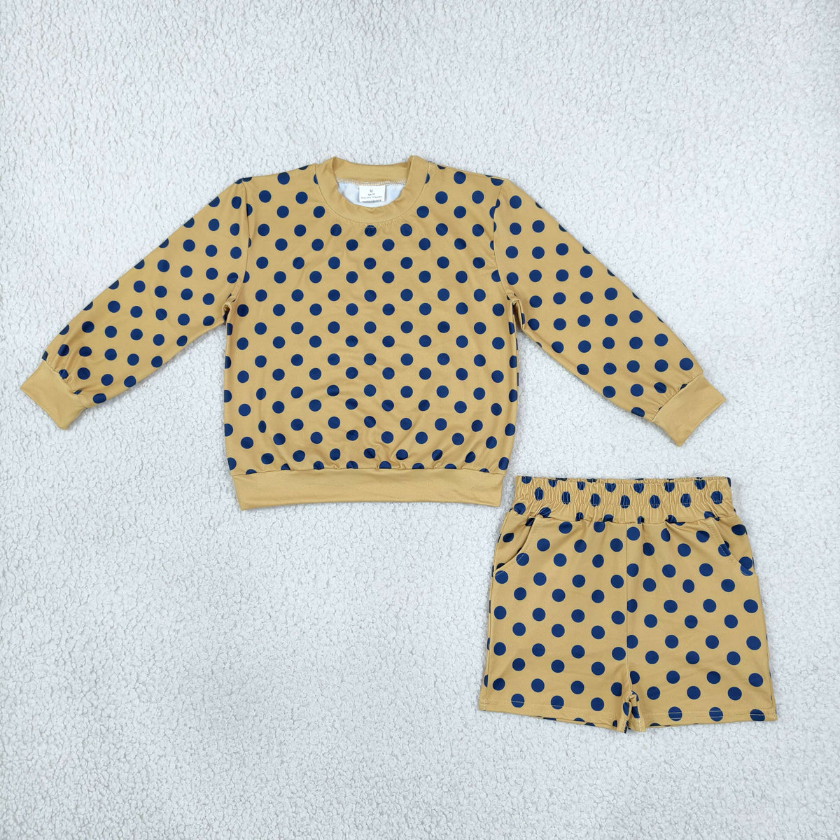 GLS0205 Baby Girls Gold Long Sleeve Black Polka Dots Top Pockets Short Clothes Set