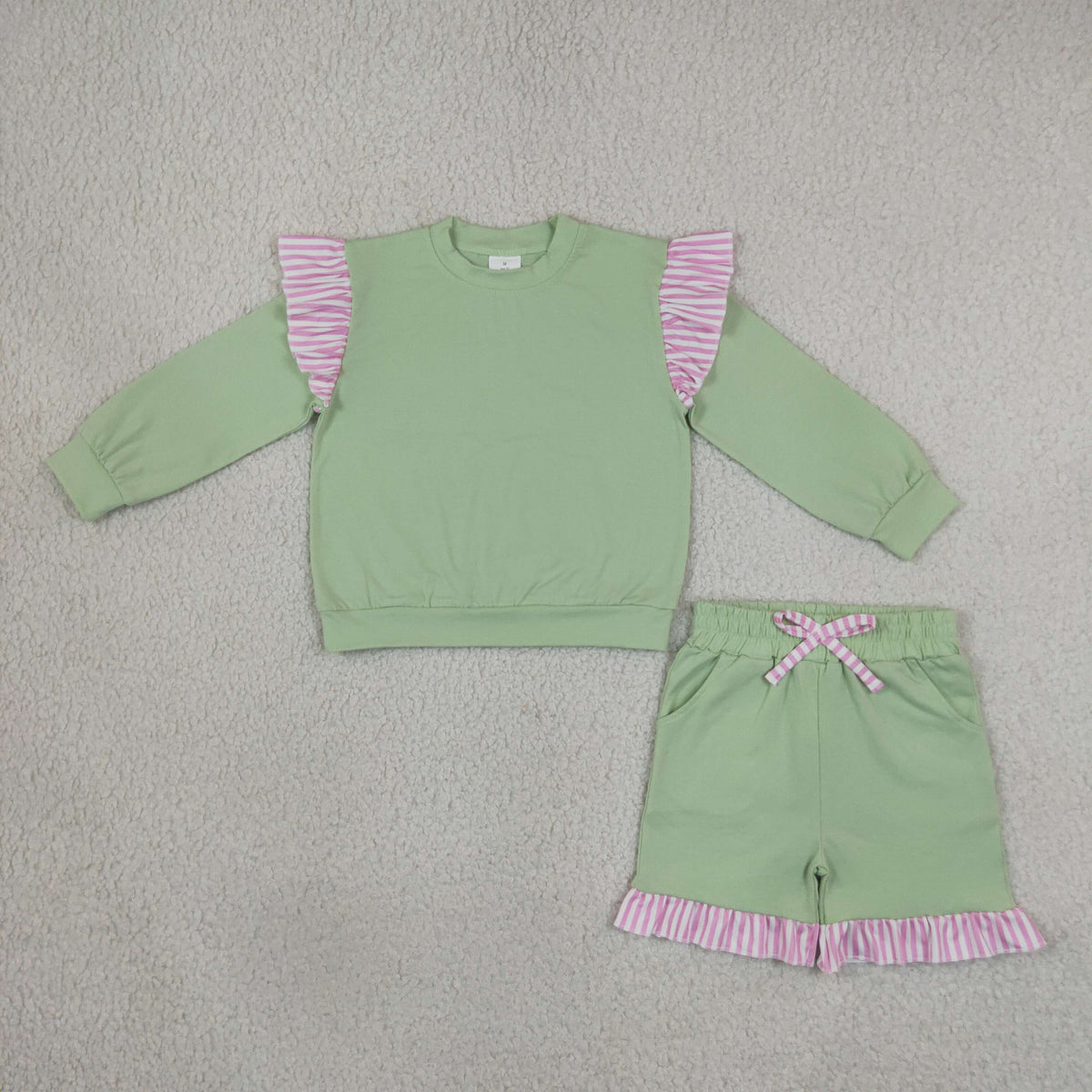 GLS0220 Baby Girls Light Green Pink Stripe Flutter Sleeve Top Pockets Ruffle Short Clothes Sets