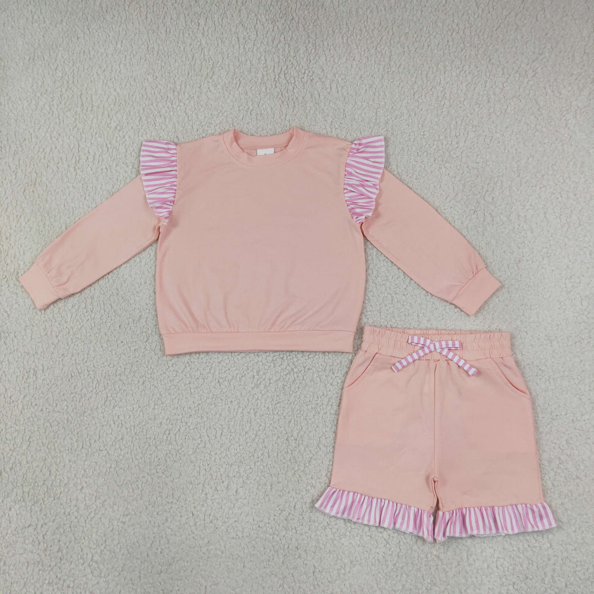 GLS0222 Baby Girls Pink Stripe Flutter Sleeve Top Pockets Ruffle Short Clothes Sets