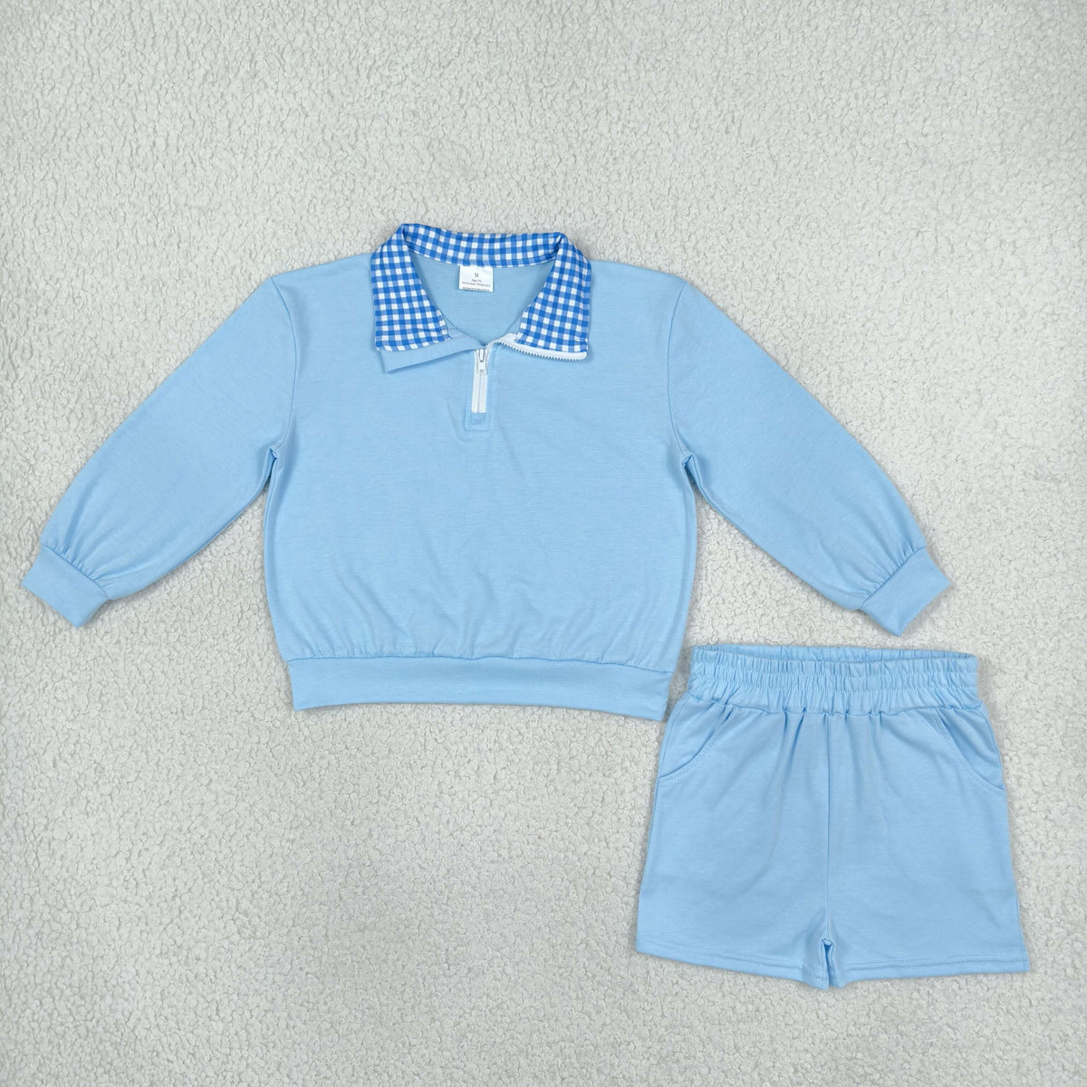 GLS0226 Baby Girls Blue Long Sleeve Zip Pullovers Pockets Short Cotton Clothes Set