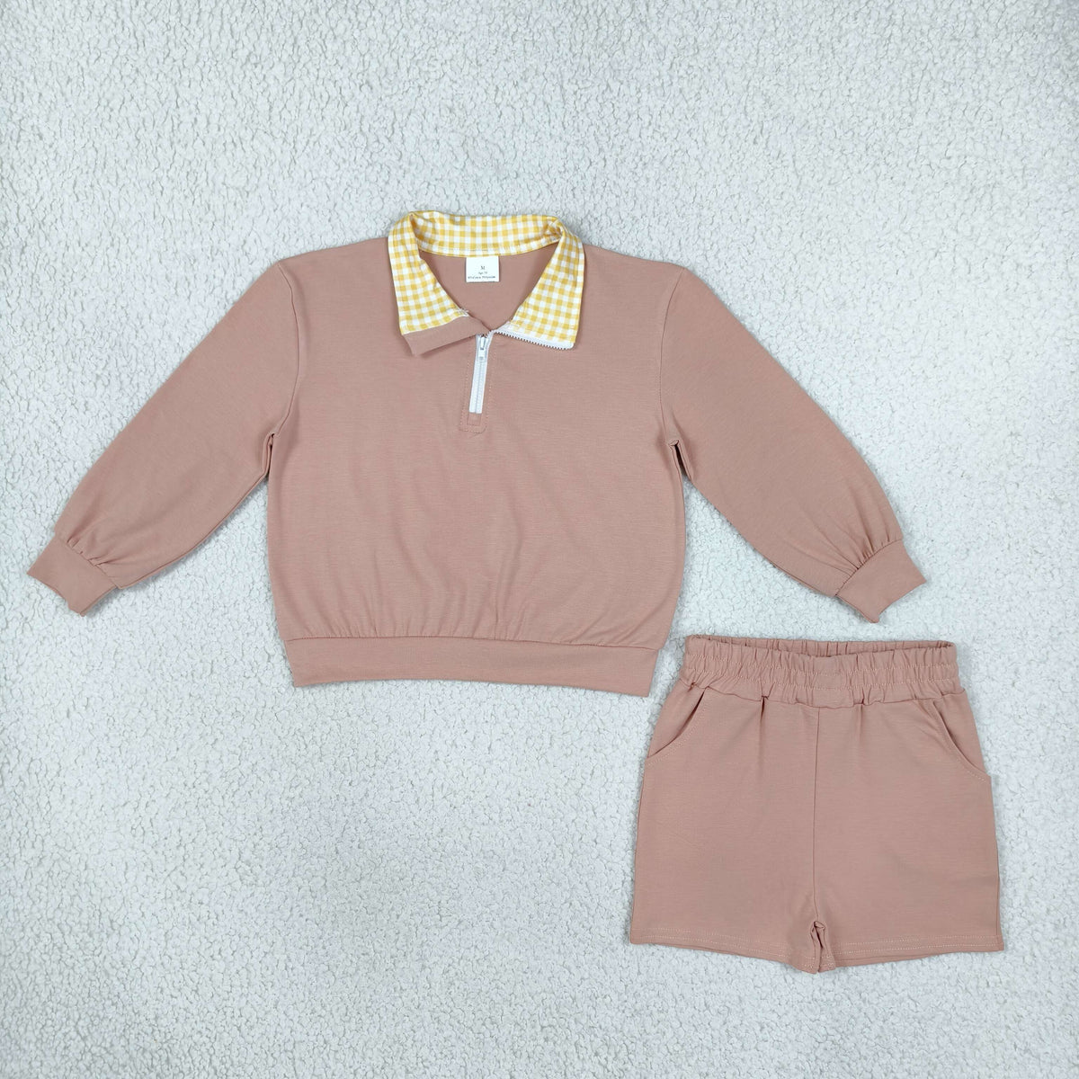 GLS0227 Baby Girls Khaki Long Sleeve Zip Pullovers Pockets Short Cotton Clothes Set