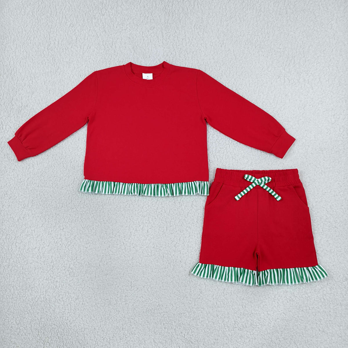 GLS0269 Baby Girls Red Green Stripe Long Sleeve Top Pockets Ruffle Short Clothes Sets