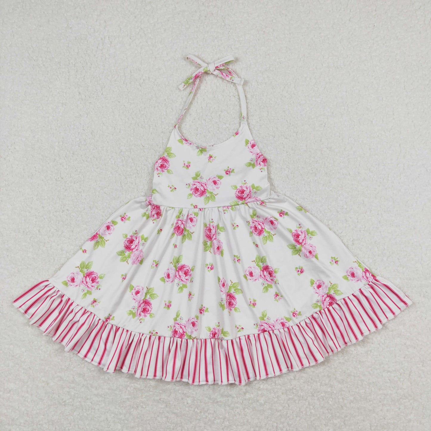 Sibling Baby Girls Pink Flowers Plaid Button Ruffle Knee Length Dresses