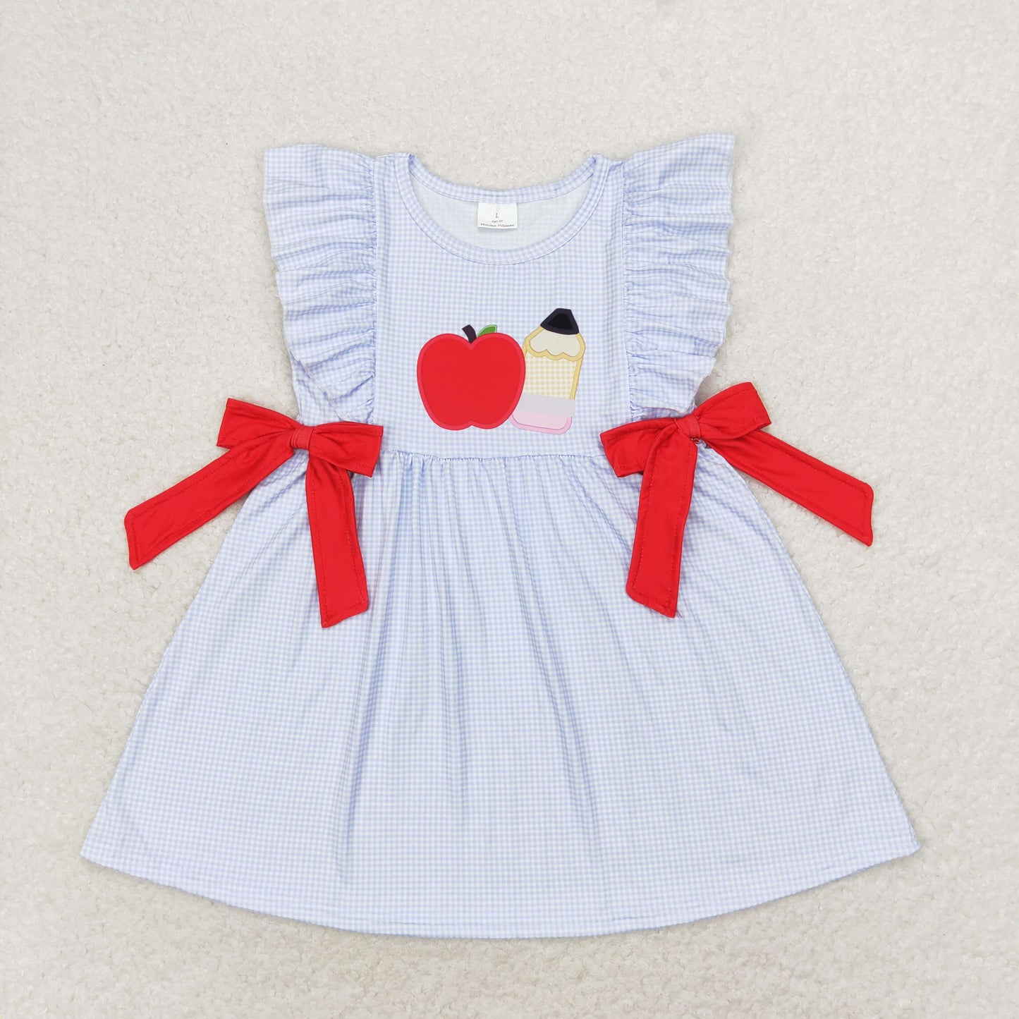 Sibling Embroidery Apples Pencils Baby Kids Back To School Short Clothes Set Dresses