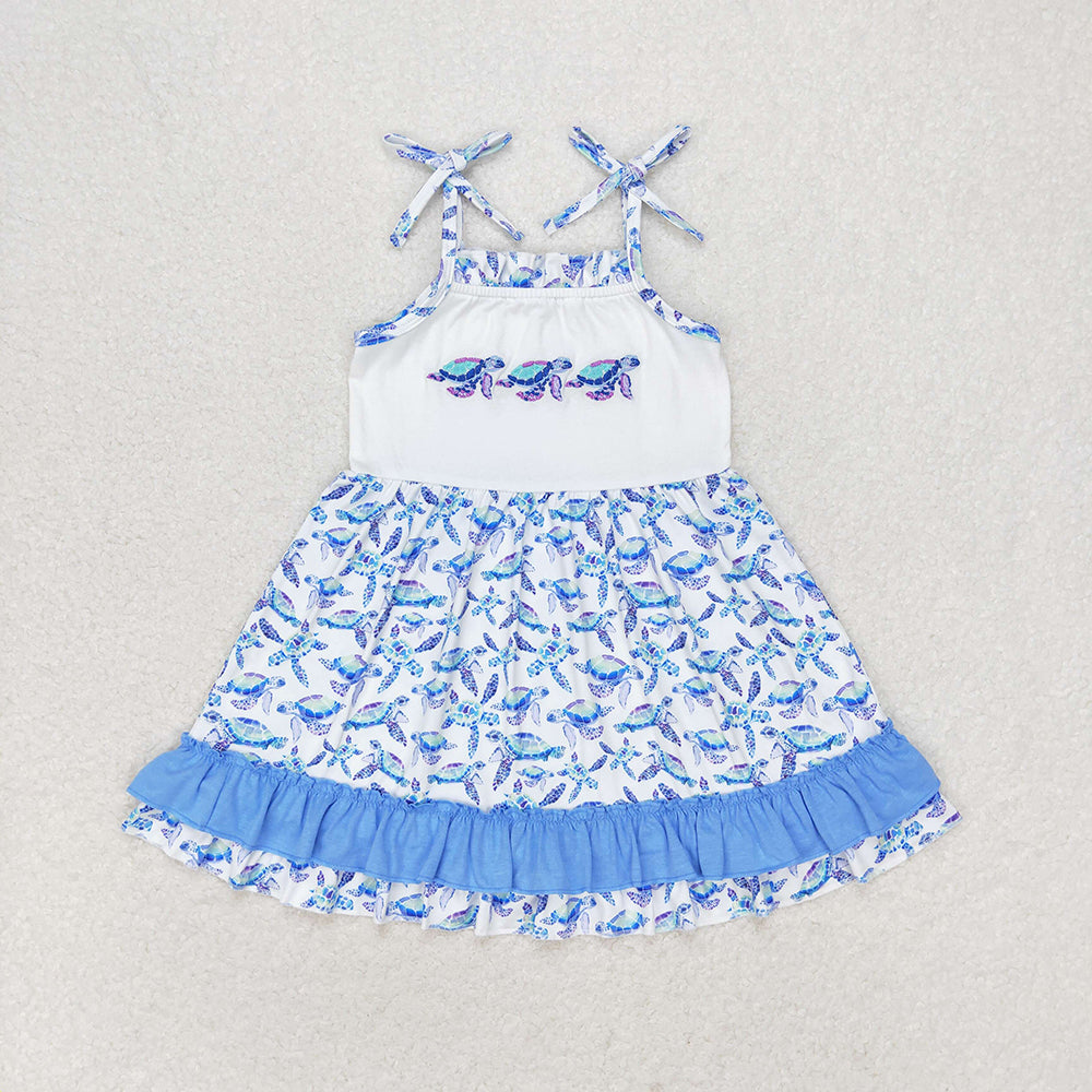 GSD1233 baby girls turtle ruffle straps knee length dresses