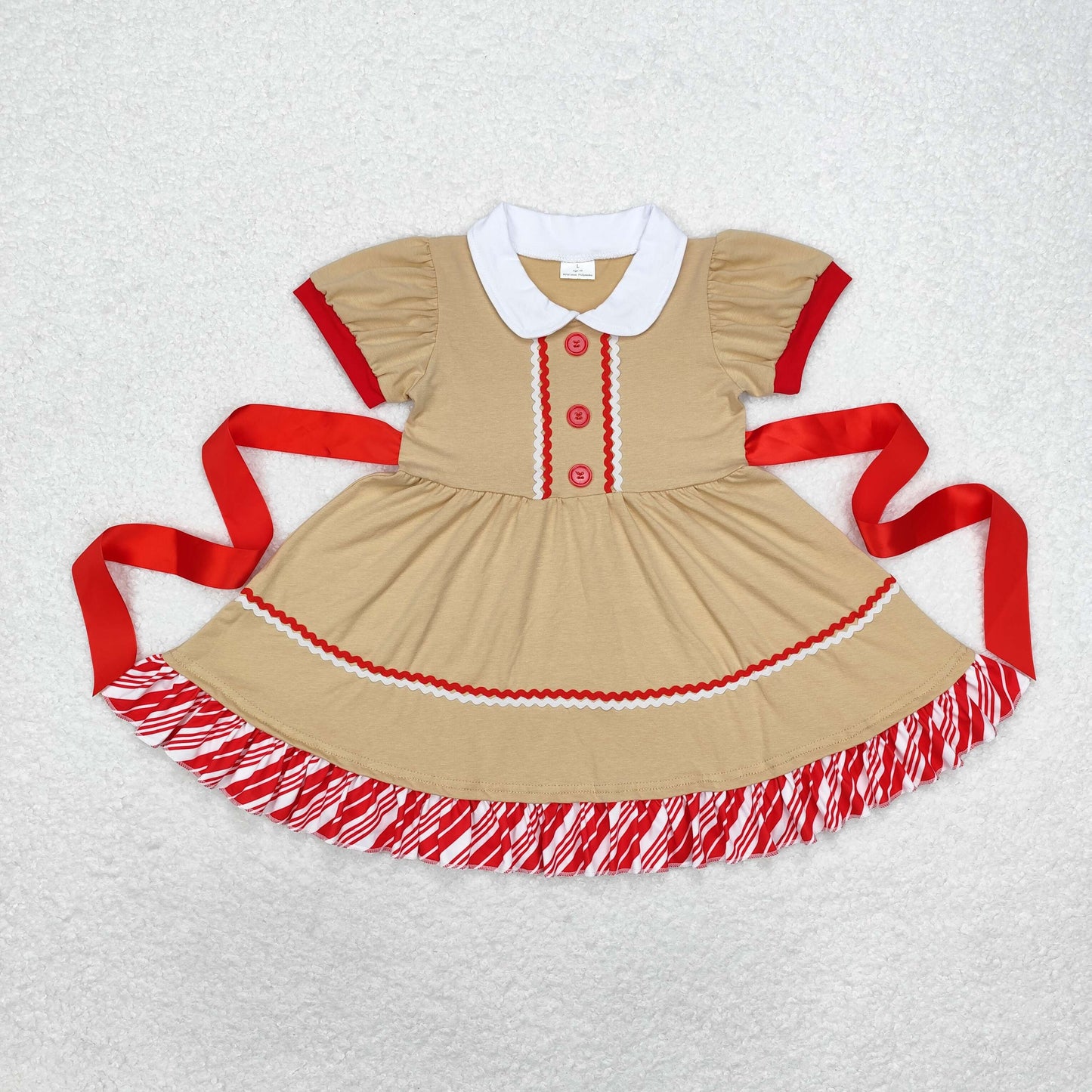 Sibling Baby Girls Candy Cane Stripes Button Christmas Ruffle Knee Length Dresses