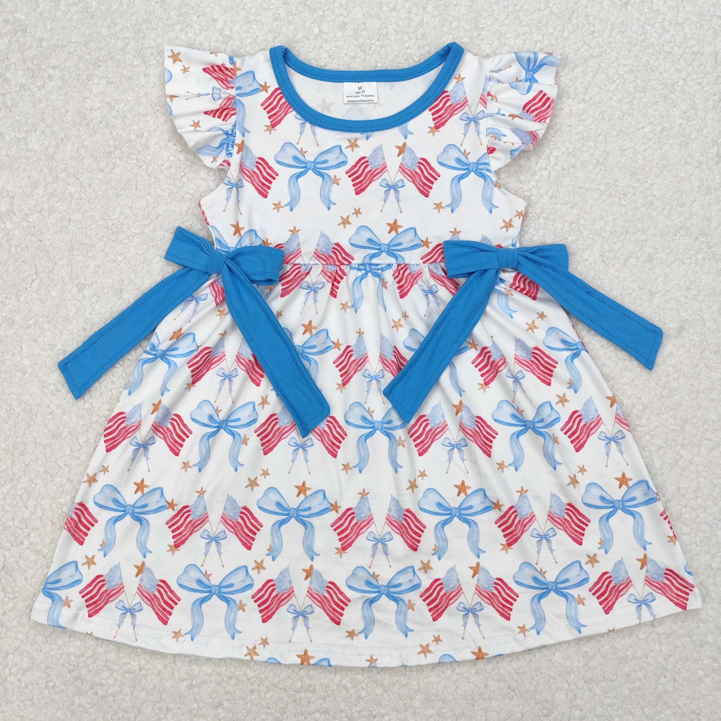 Sibling Baby Girls Flutter Sleeve Flags Bows Stars 4th of July Ruffle Knee Length Dresses