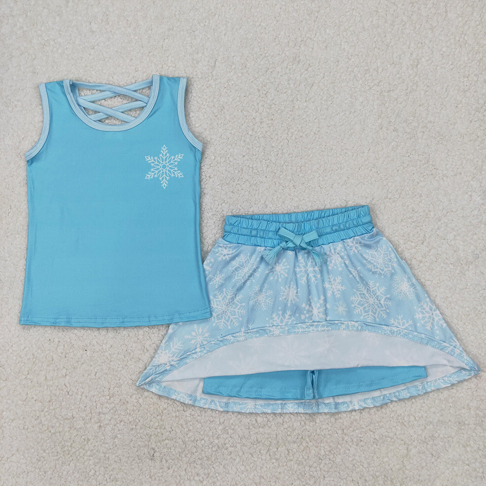 GSD2074 Baby girls blue snowflake princess top skorts shorts outfits sets