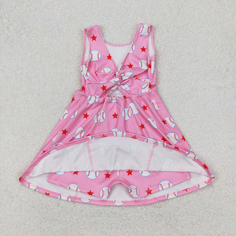 GSD2135 Baby Girls Baseballs Stars Team Yoga Active Shorts Knee Length Dresses