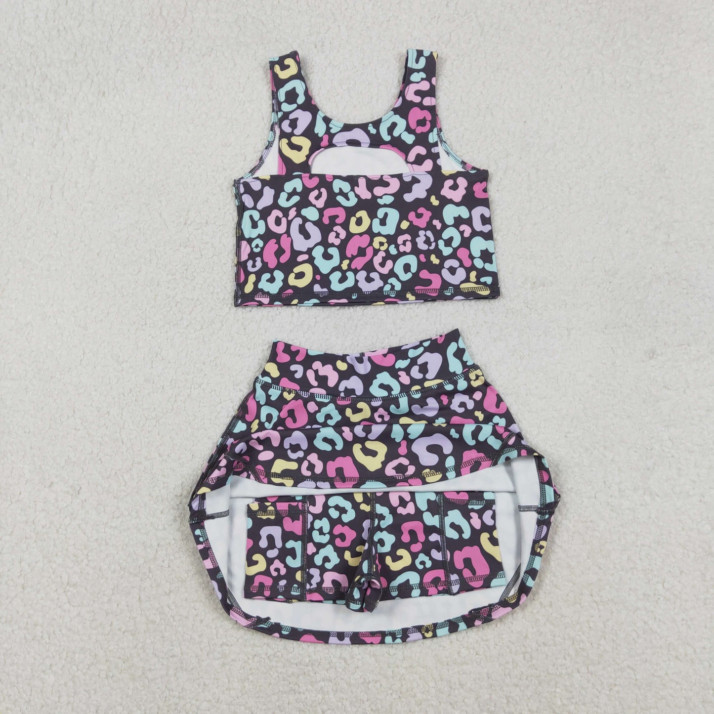 Sibling Baby Girls Sleeveless Colorful Leopard Vests Skirt Shorts Yoga Active Clothes Set