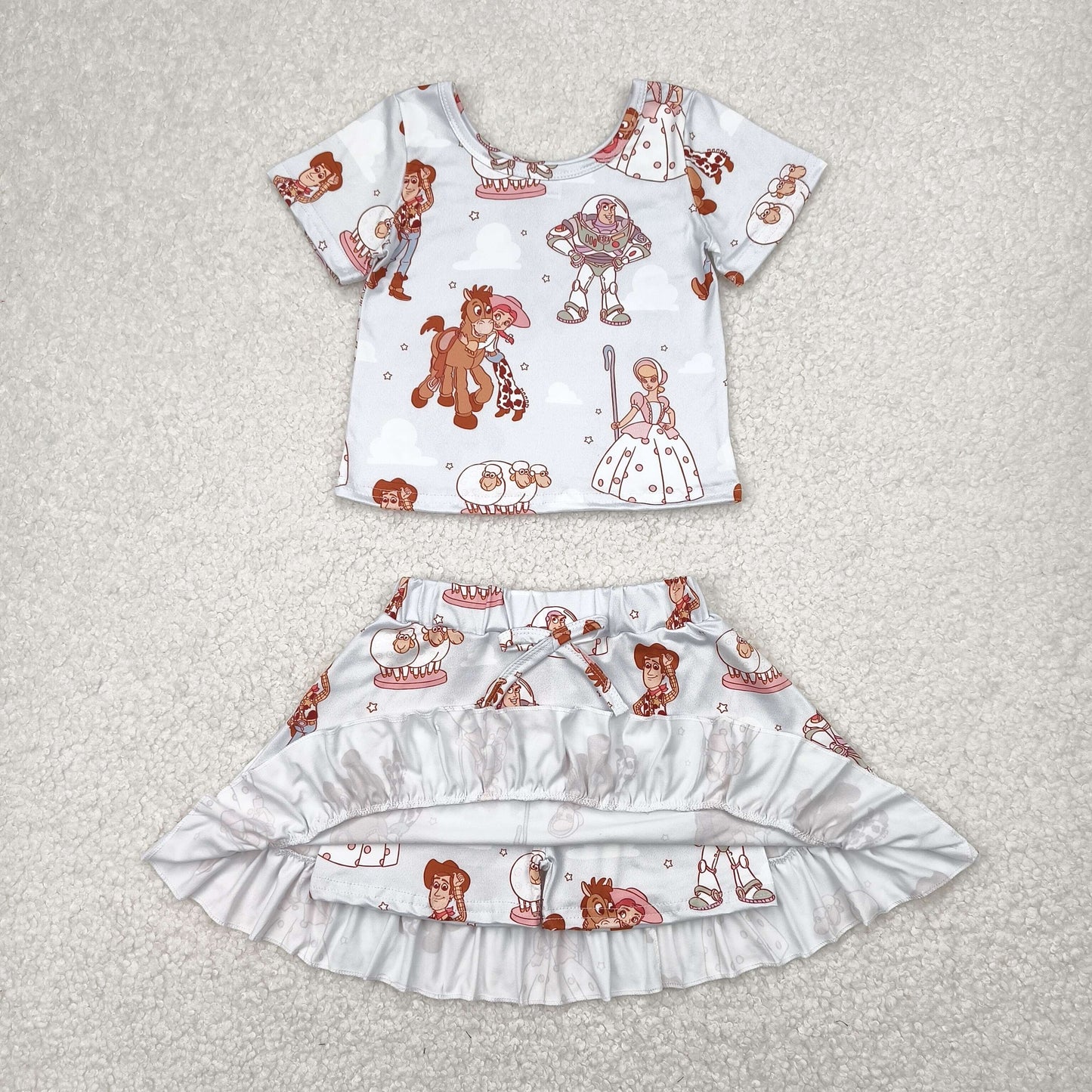 Sibling Baby Girls Short Sleeve Cartoon Princesses Top Ruffle Skirt Short Clothes Sets