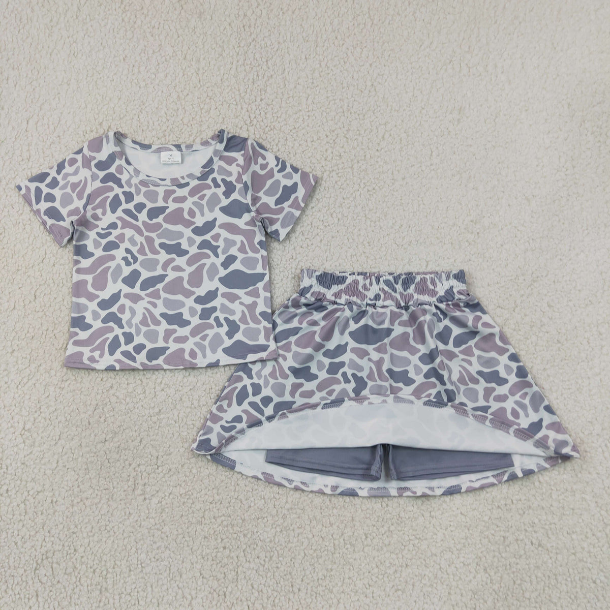 GSD2724 Baby Girls Short Sleeve Light Grey Camo Top Skirt Short Clothes Set