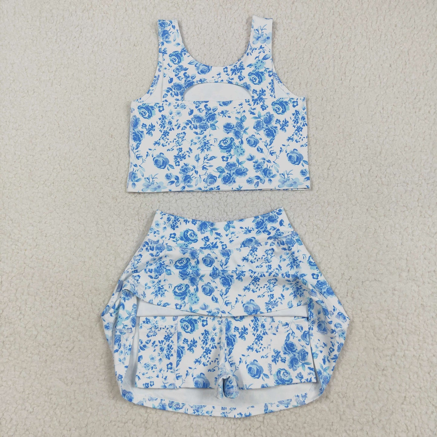 GSD2787 Baby Girls Blue Flowers Vest Top Skirt Shorts Yoga Active Clothes Sets