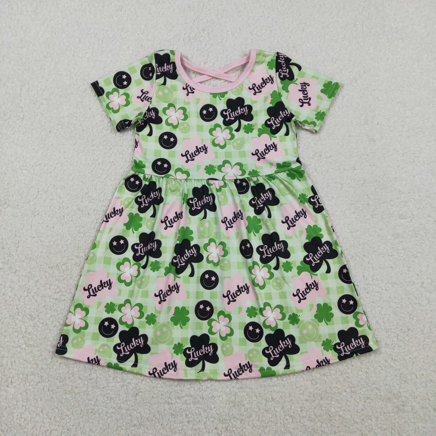 GSD2840 Baby Girls Short Sleeve Lucky Clovers Smiles St Patrick Knee Length Dresses
