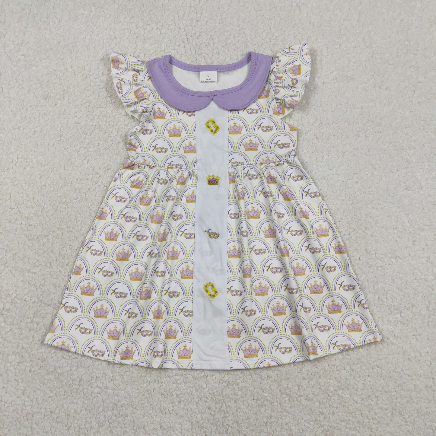 GSD2891 Baby Girls Embroidery Donuts Crown Checked Mardigras Collar Knee Length Dress
