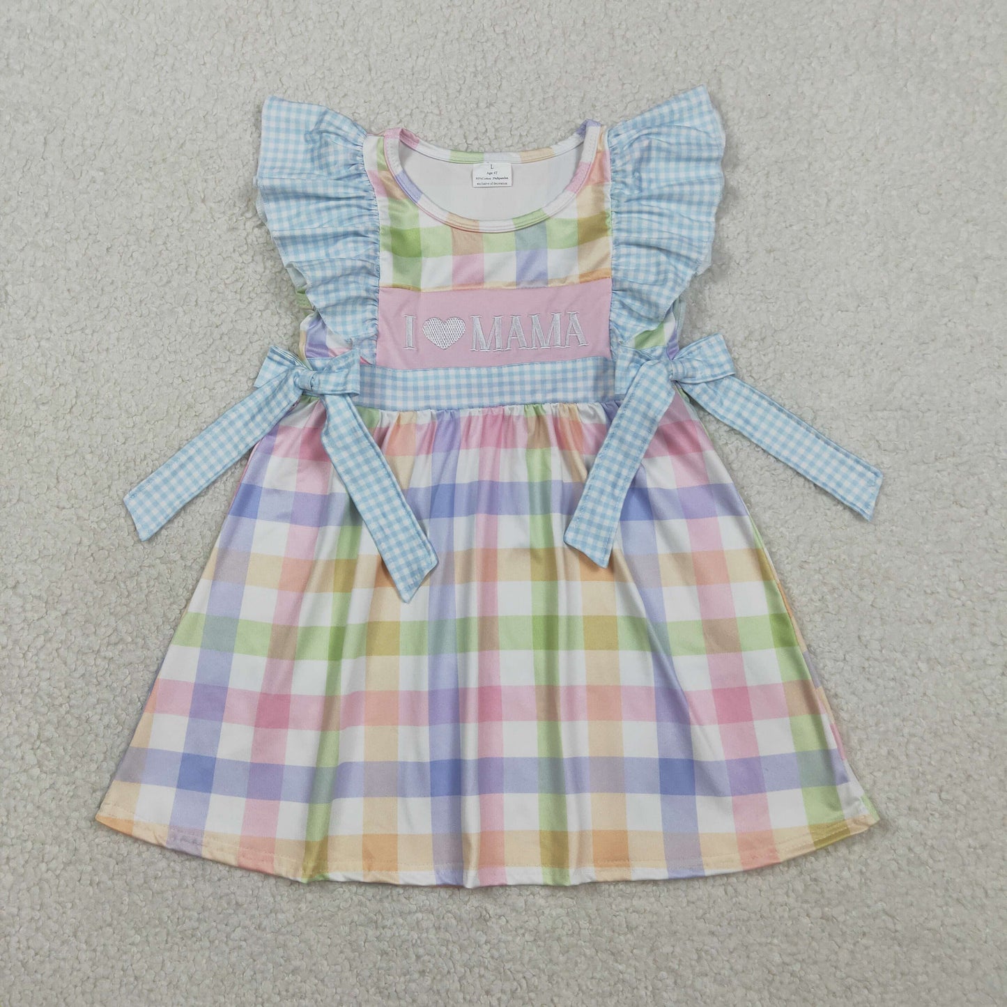GSD2940 Baby Girls Flutter Sleeve Embroidry I Love Mom Colorful Checked Knee Length Dresses