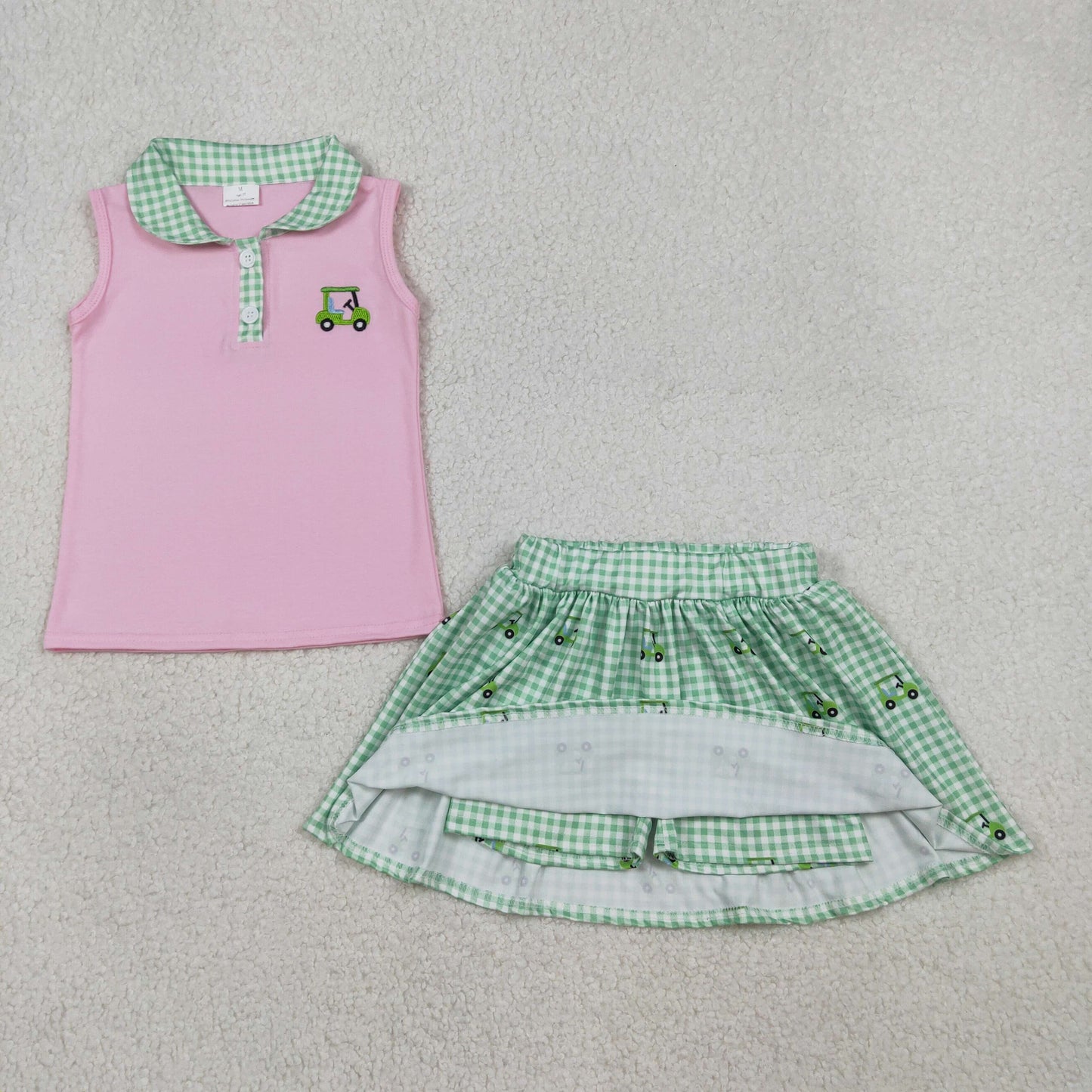 GSD3120 Baby Girls Embroidery Golf Truck Button Tunic Checked Skirt Short Clothes Sets
