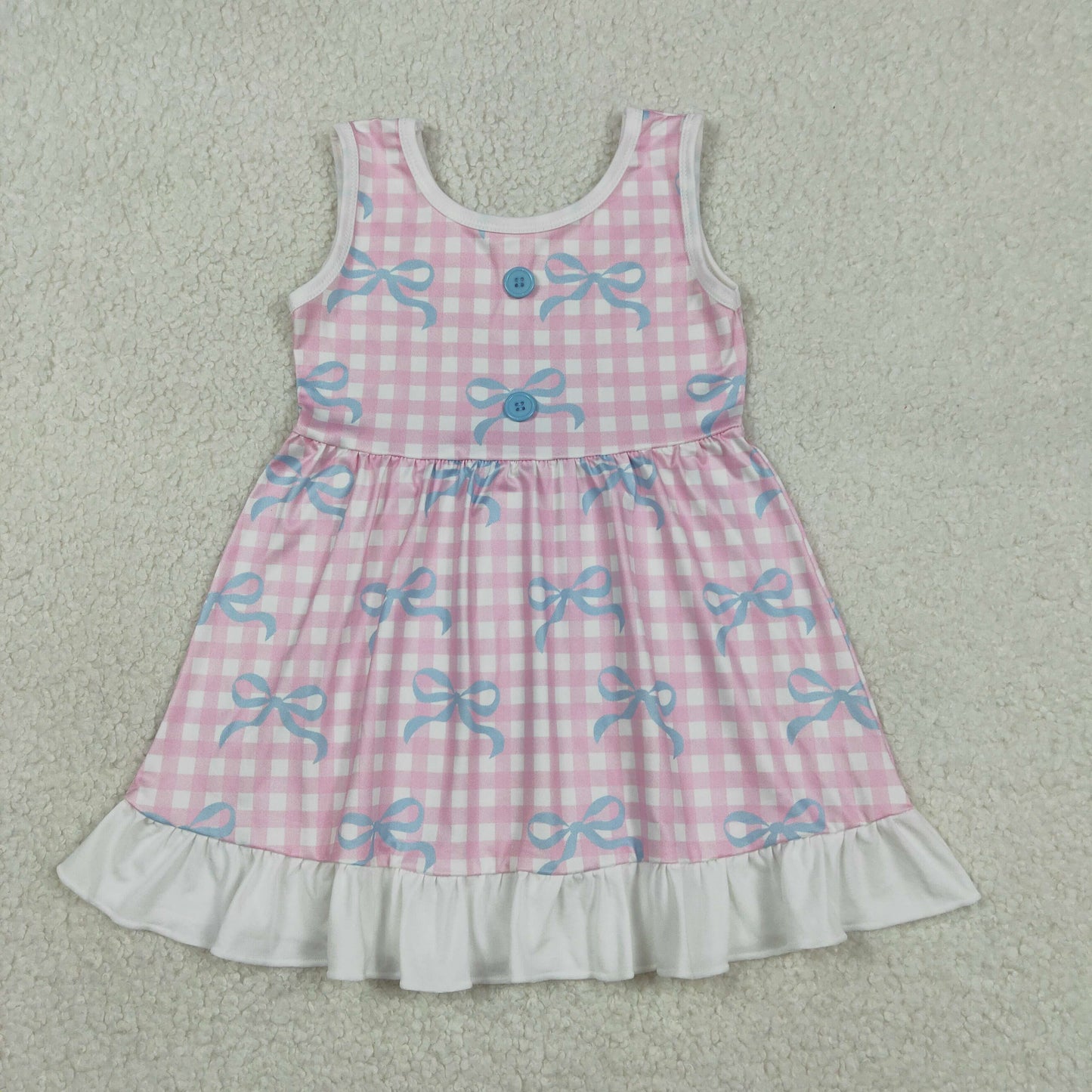 Sibling Baby Girls Sleeveless Bows Checked Button Ruffle Knee Length Dresses