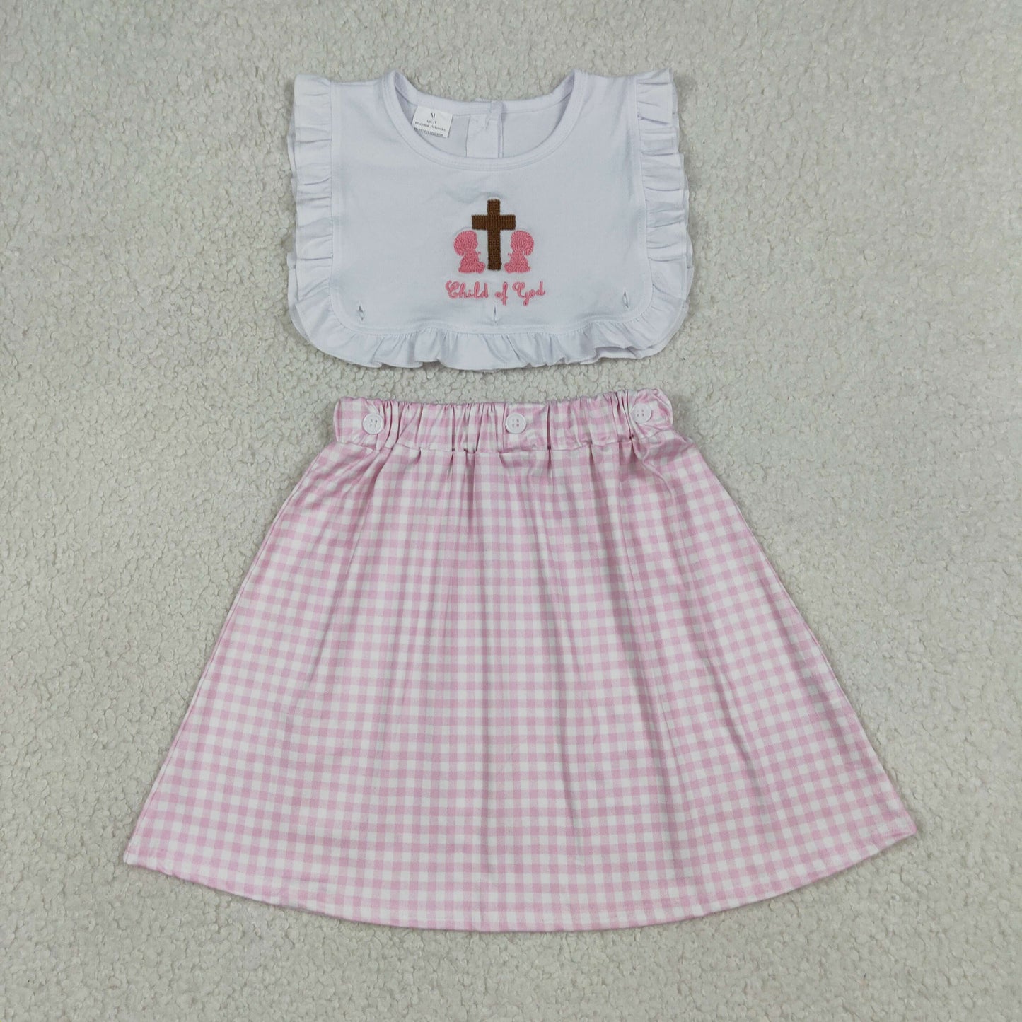 GSD3201 Baby Girls Embroidery Cross Child of God Pink Checked Knee Length Dresses
