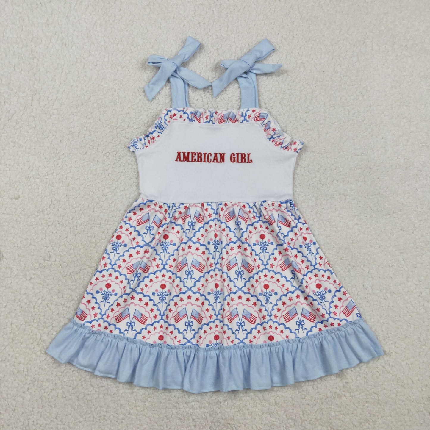 GSD3239 Baby Embroidery America Girl Bows Flags Checked 4th of July Knee Length Dress