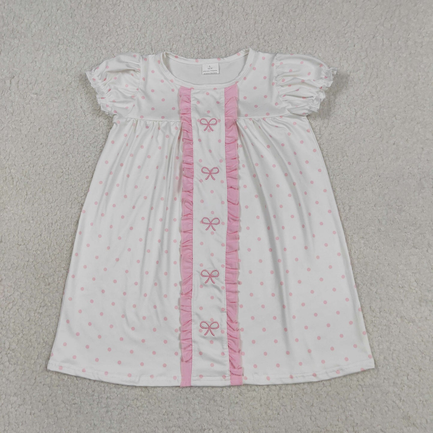 GSD3312 Baby Girls Pink Polka Dots Embroidery Bows Knee Length Dresses