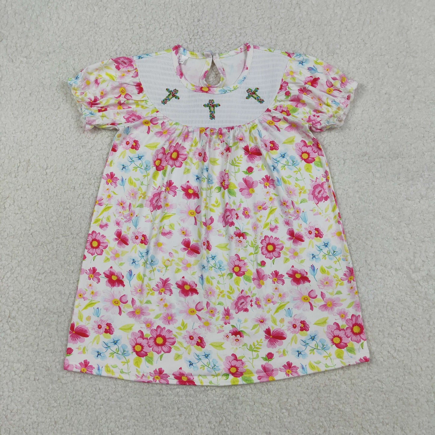 GSD3314 Smocked Floral Crosses Short Ruffle Sleeve Easter Knee Length Dresses