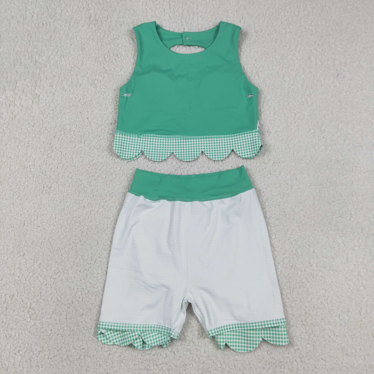 GSD3320 Baby Girls Green Vests Bows Skirt Short Yoga Active Scallop Clothes Set