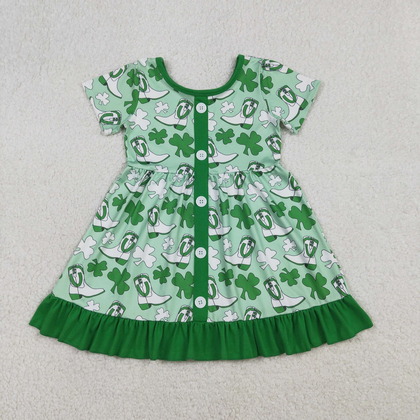 GSD3404 Baby Girls Green Clovers Boots St Patrick Button Ruffle Knee Length Dresses