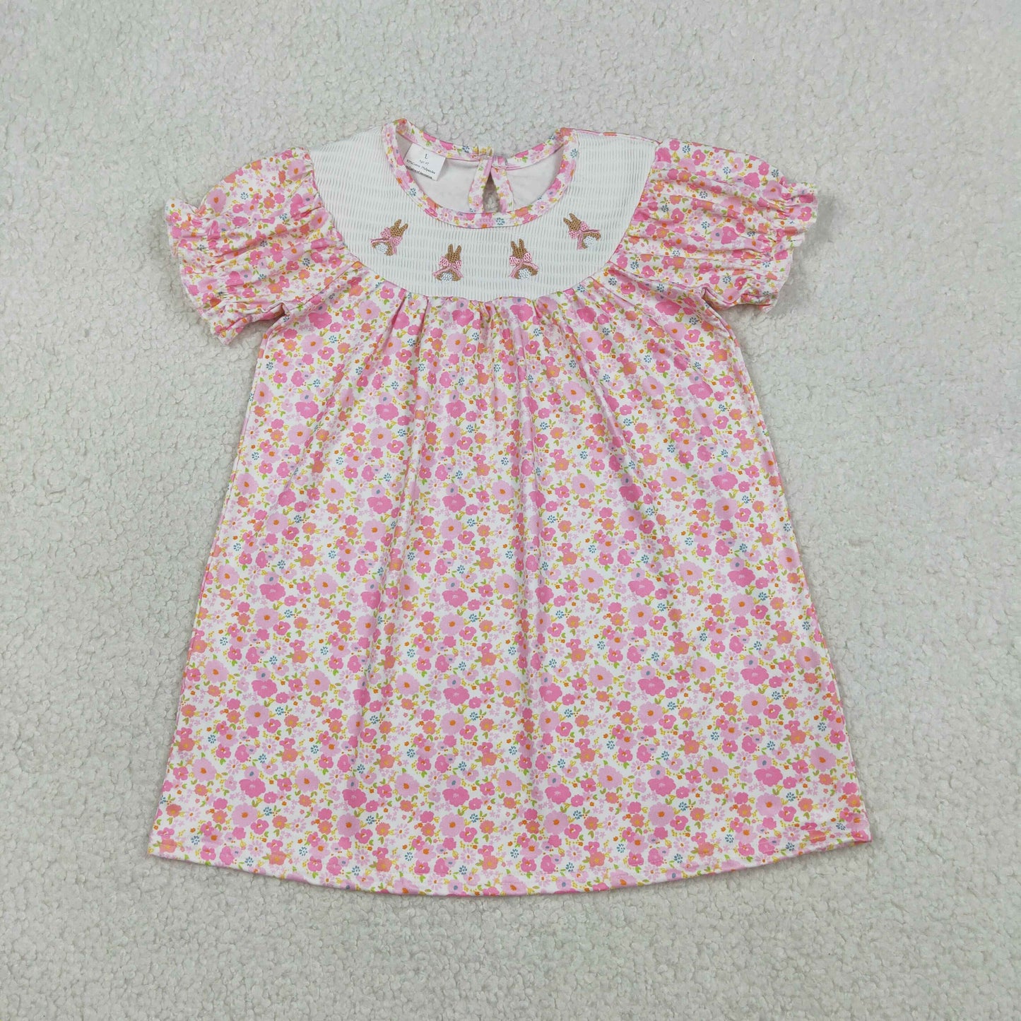 GSD3406 Baby Girls Smocked Bows Rabbits Easter Knee Length Dresses