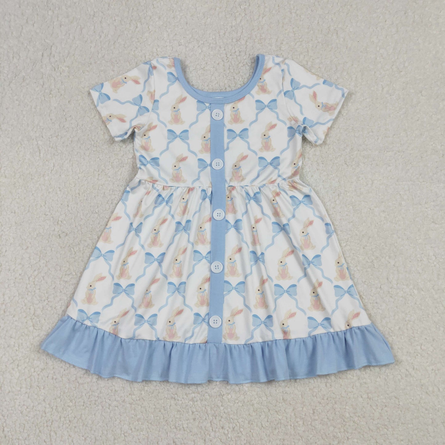 GSD3416 Baby Girls Short Sleeve Bows Rabbits Checked Easter Button Ruffle Knee Length Dress