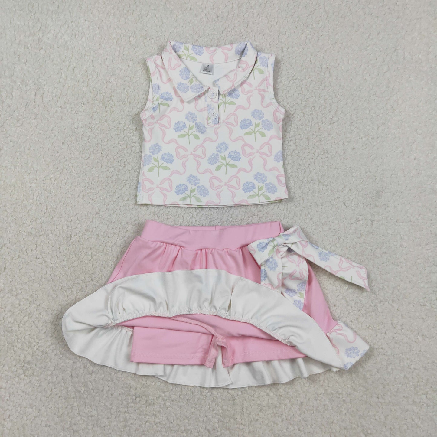 GSD3478 Baby Girls Bow Flowers Button Vests Rufle Skirt Short Yoga Active Clothes Sets