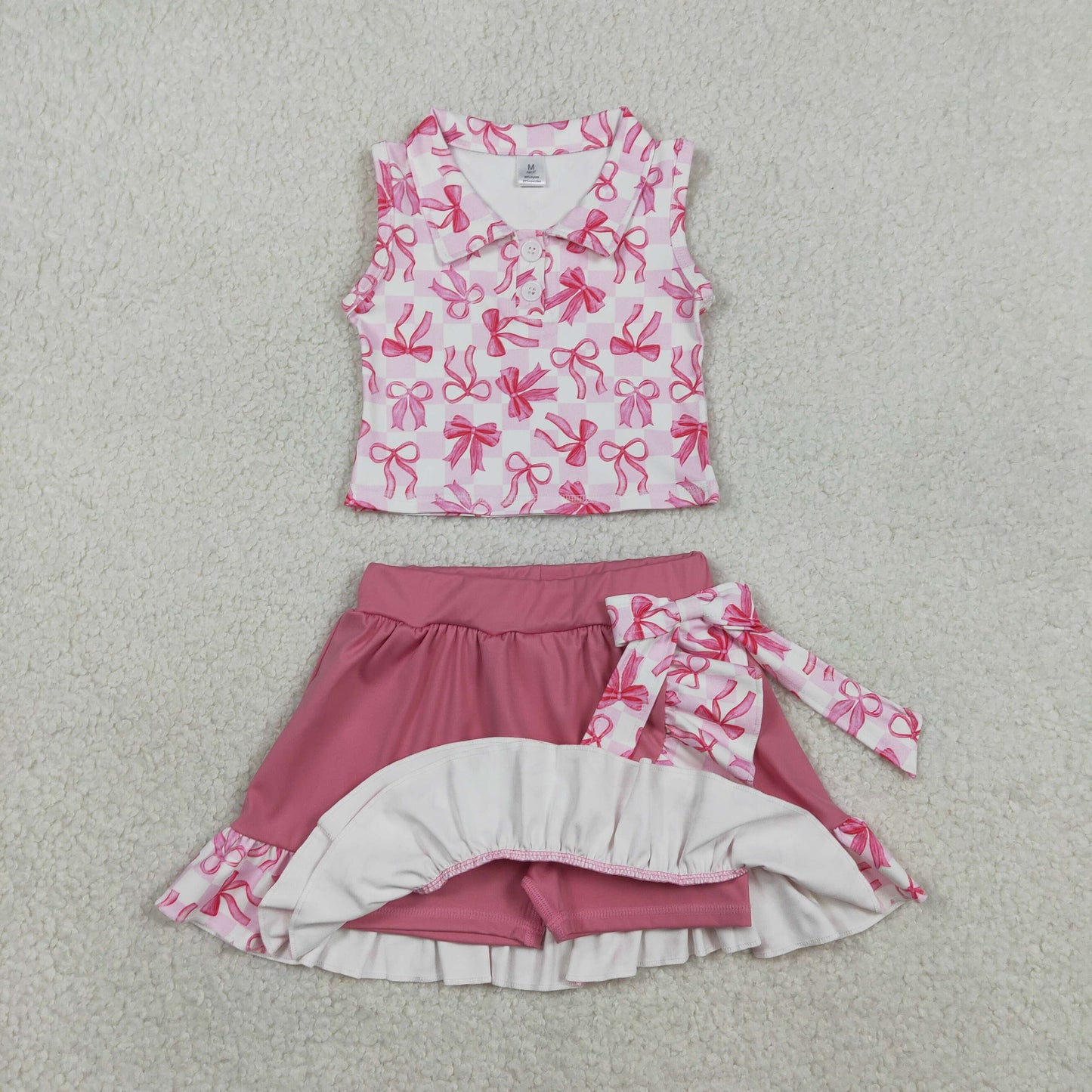 GSD3480 Baby Girls Pink Bows Checked Button Vest Rufle Skirt Short Yoga Active Clothes Sets