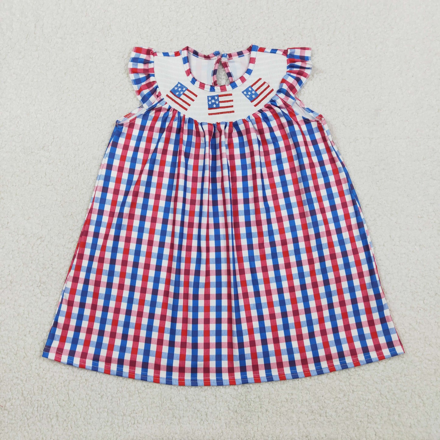 GSD3506 Smocked Flags Baby Girls Red Blue Checked 4th of July Knee Length Dress