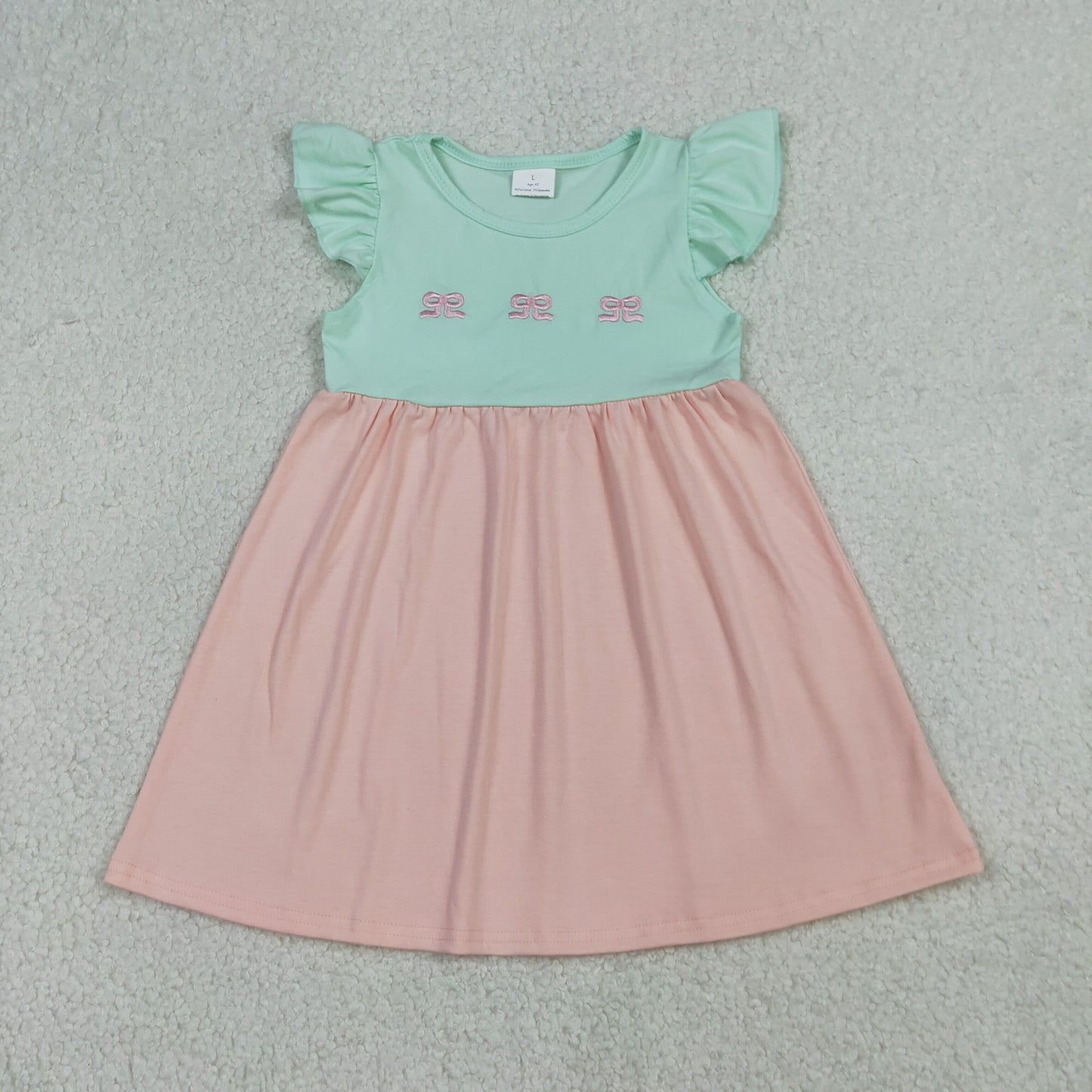 GSD3530 Baby Girls Flutter Sleeve Embroidery Bows Patchwork Knee Length Dresses