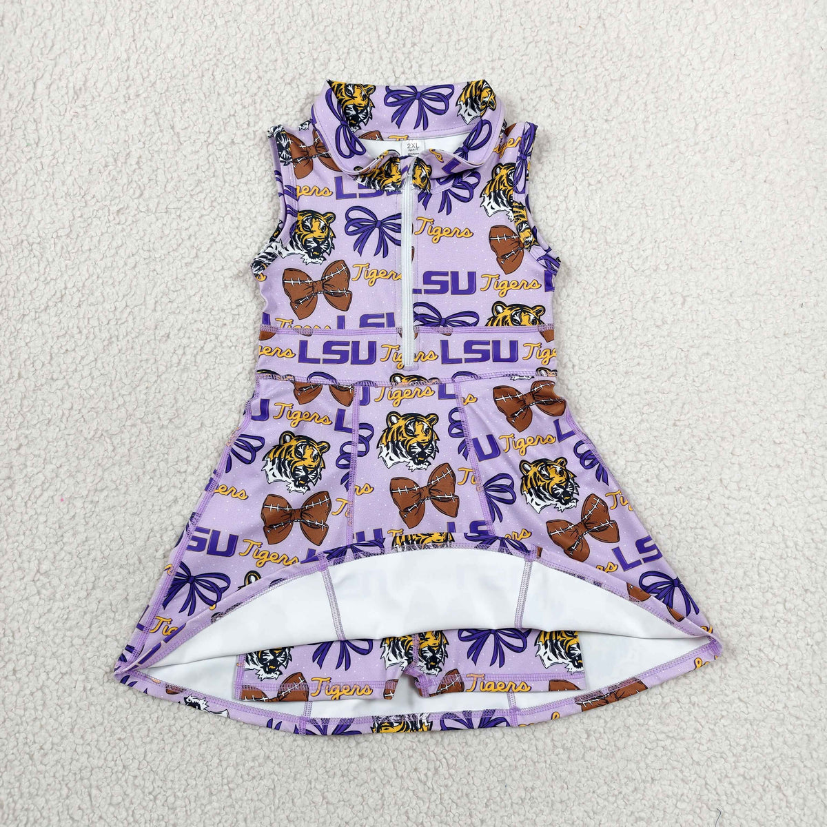 GSD3604 Baby Girls Sleeveless Bows LSU Team Zip Yoga Active Short Knee Length Dress