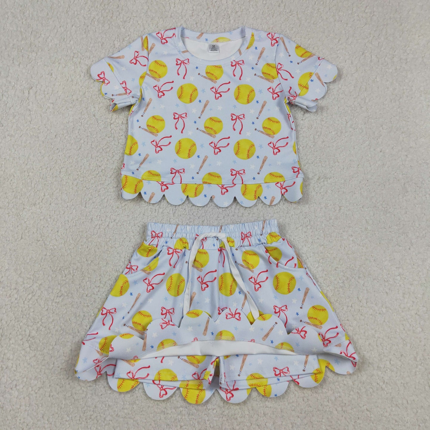 Sibling Baby Girls Bows Baseballs Softballs Top Skirt Short Team Yoga Active Scallop Clothes Sets
