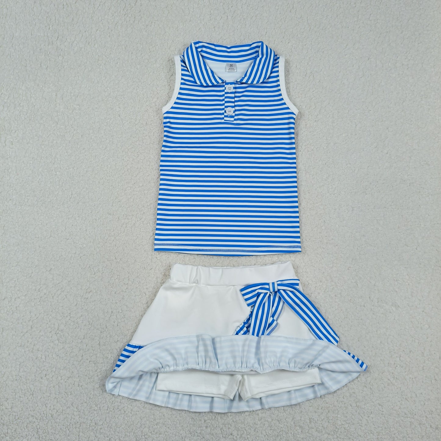GSD3661 Baby Girls Blue Stripe Button Vest Ruffle Bows Skirt Short Yoga Active Clothes Sets