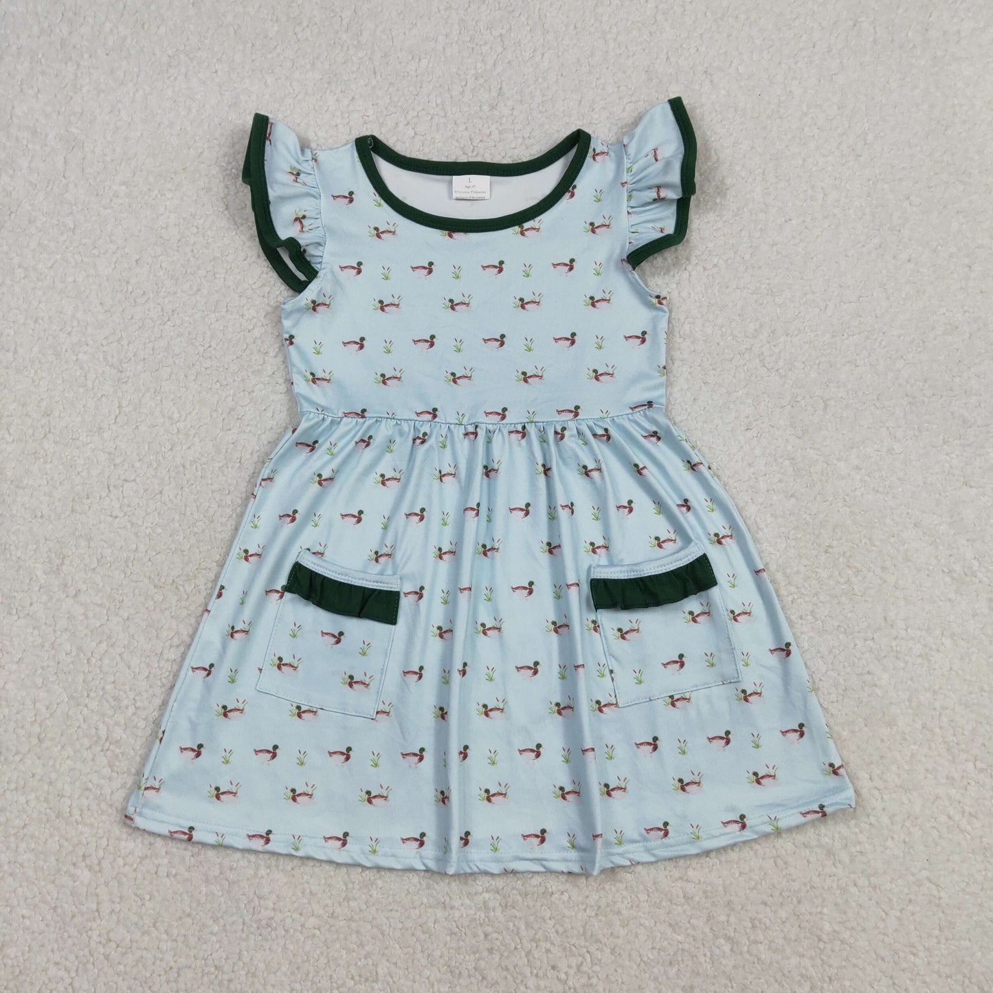 GSD3679 Baby Girls Flutter Sleeve Ducks Plaid Pockets Hunting Knee Length Dresses