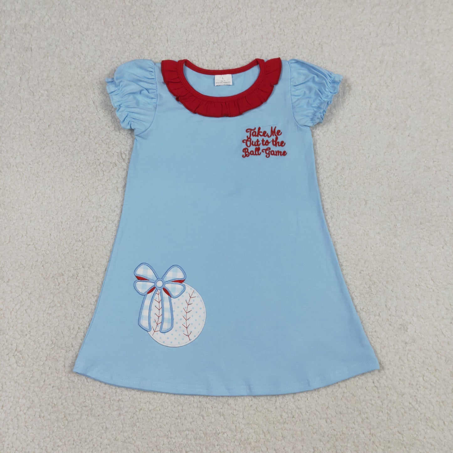 GSD3685 Baby Girls Blue Embroidery Bow Baseballs Team Knee Length Dresses