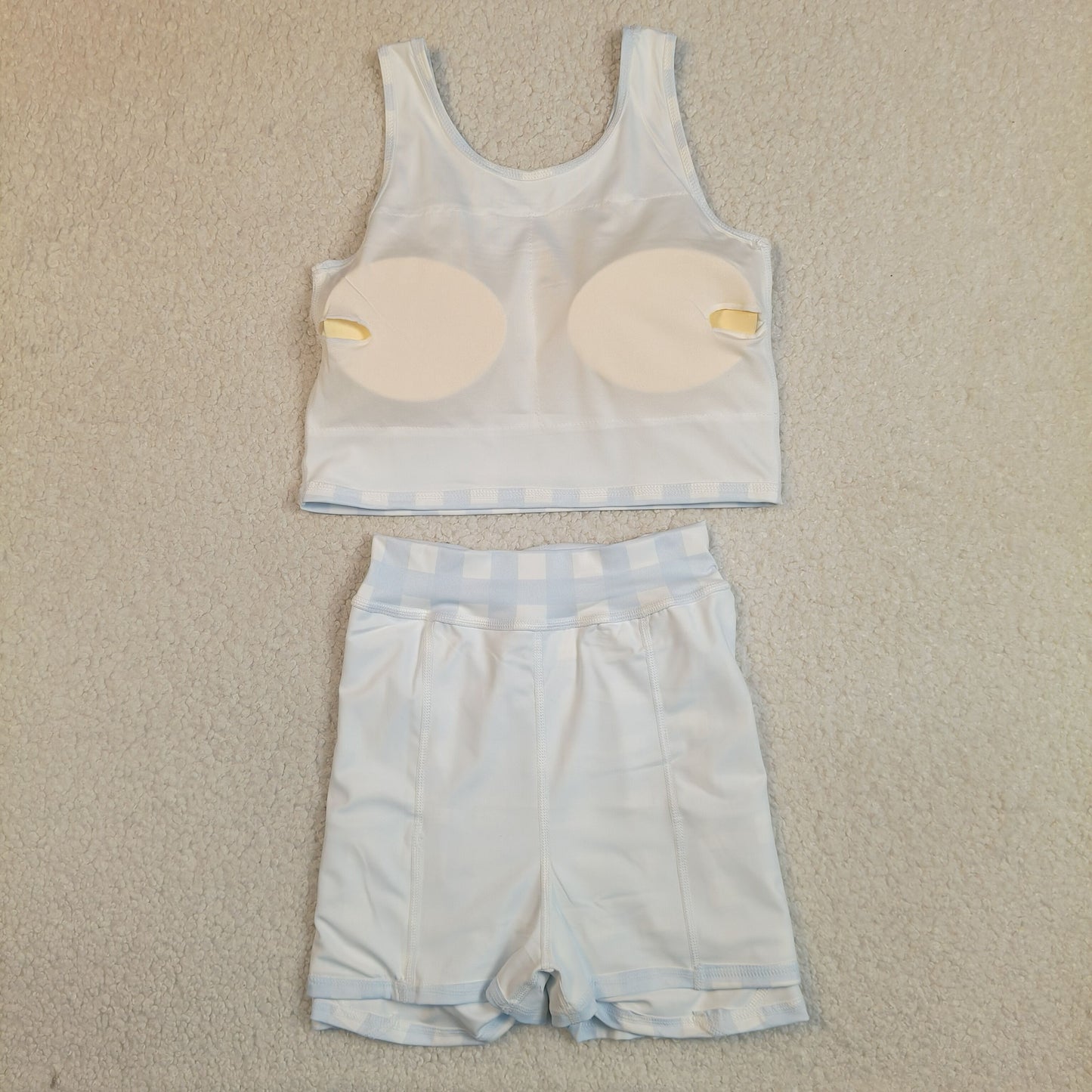 GSD3839 Baby Girls Light Blue Checked Vests Top Skirt Short Yoga Active Clothes Sets