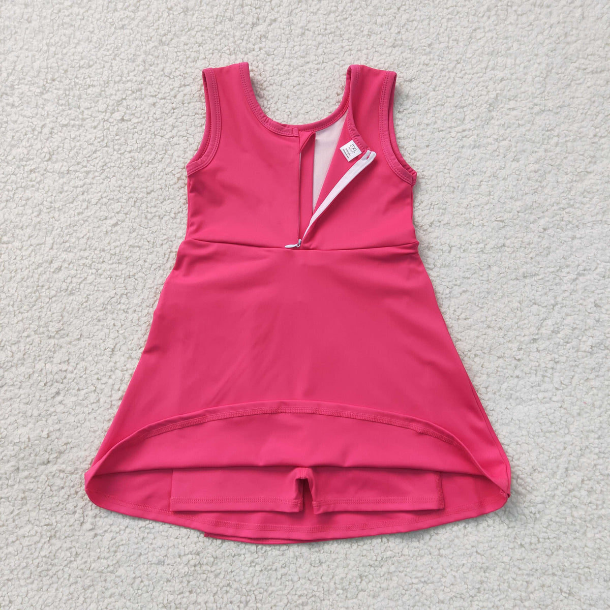 GSD3878 Baby Girls Hot Pink Sleeveless Back Zip Yoga Active Short Bow Knee Length Dress