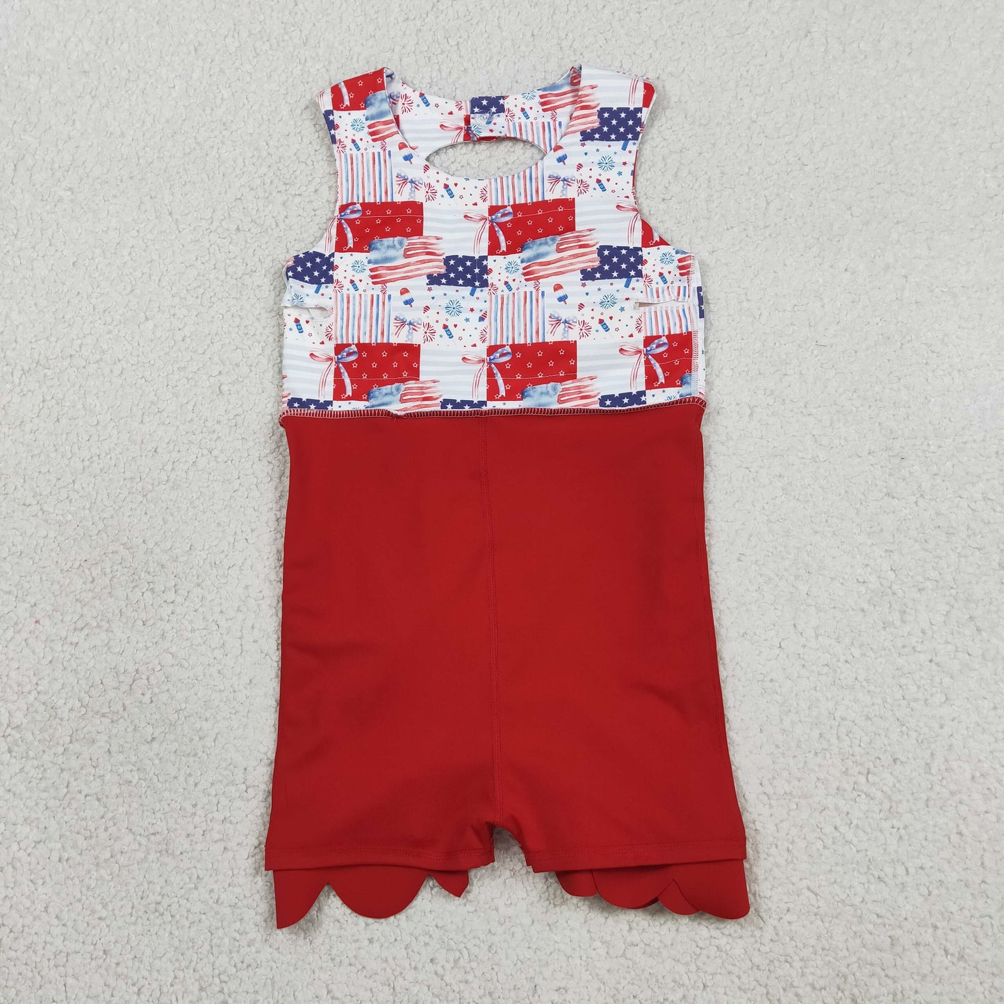 Sibling Baby Girls Bows Flags 4th of July Yoga Active Short Knee Scallop Length Dresses