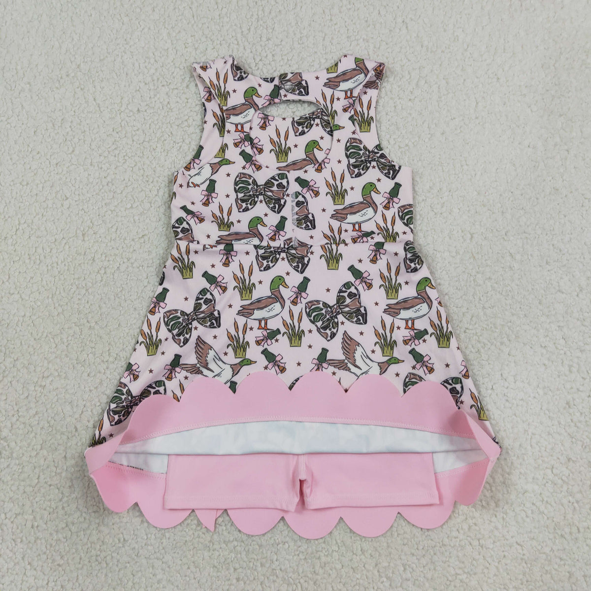 GSD4009 Baby Girls Camo Bows Ducks Yoga Active Short Hunting Bows Scallop Knee Length Dress