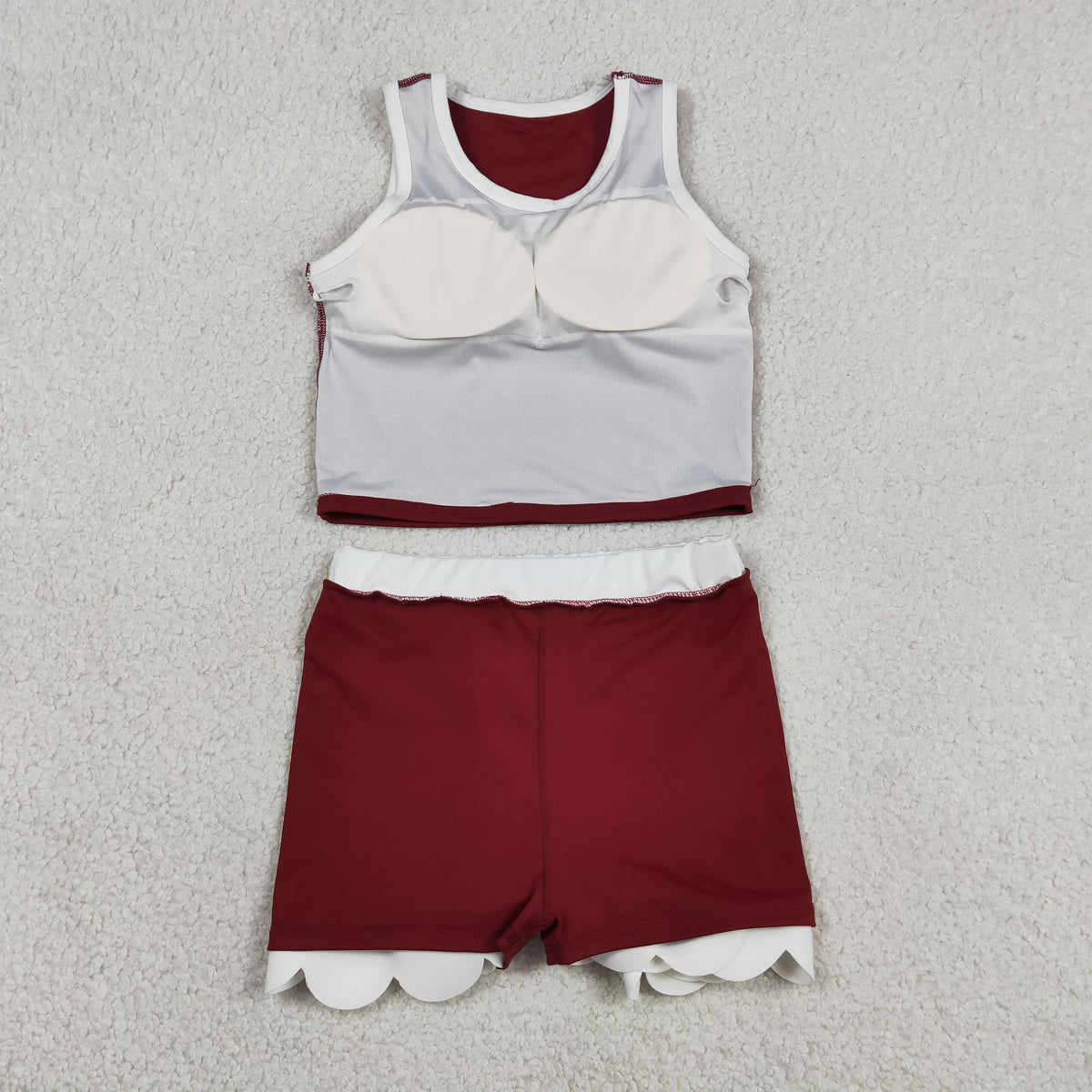 GSD4027 Baby Girls Maroon White Sleeveless Vests Skirt Short Yoga Active Scallop Clothes Set
