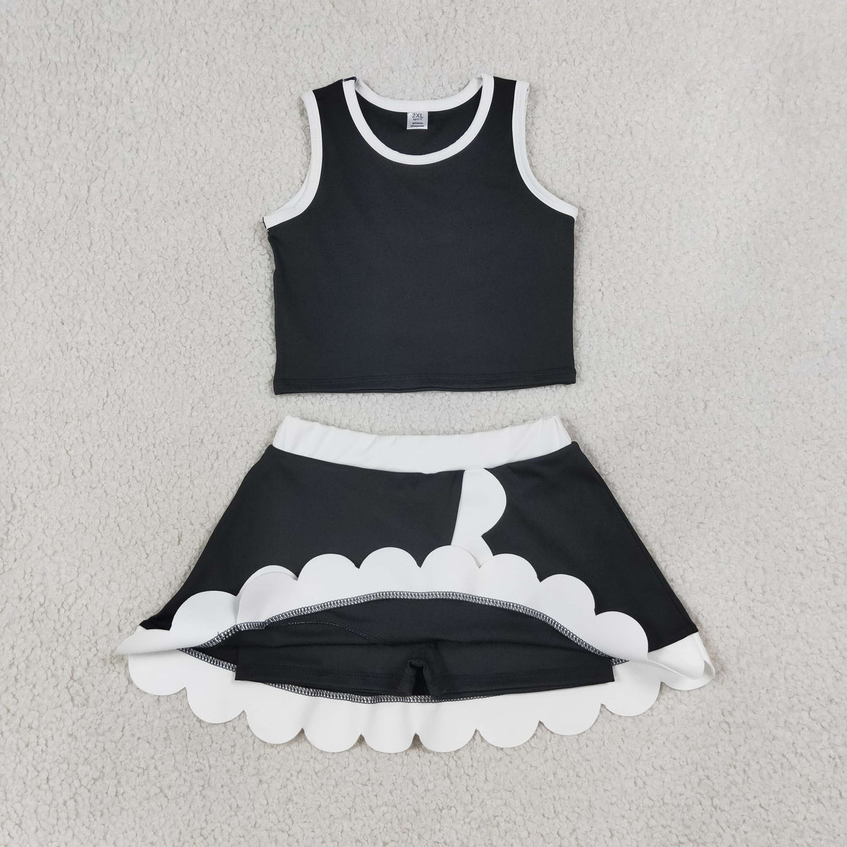 GSD4029 Baby Girls Black White Sleeveless Vests Skirt Short Yoga Active Scallop Clothes Set