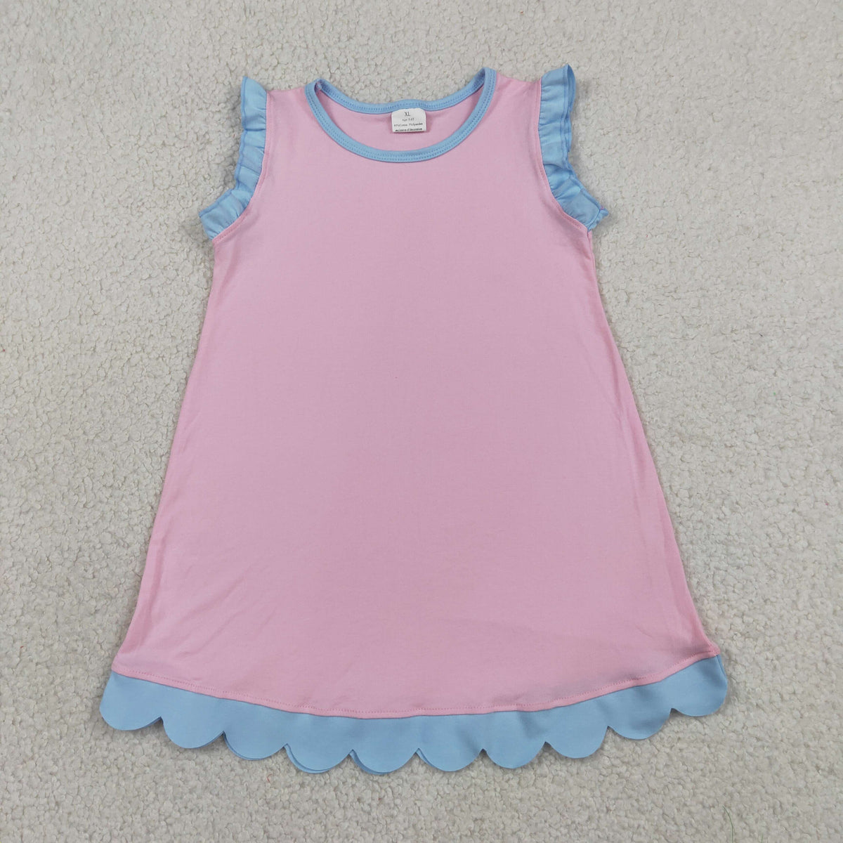 GSD4044 Baby Girls Blue Pink Sleeveless Scallop Cotton Knee Length Dress