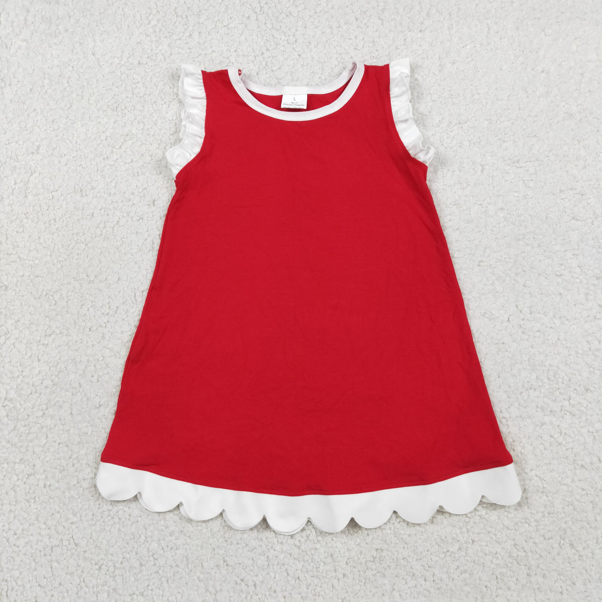 GSD4047 Baby Girls White Red Sleeveless Scallop Cotton Knee Length Dress