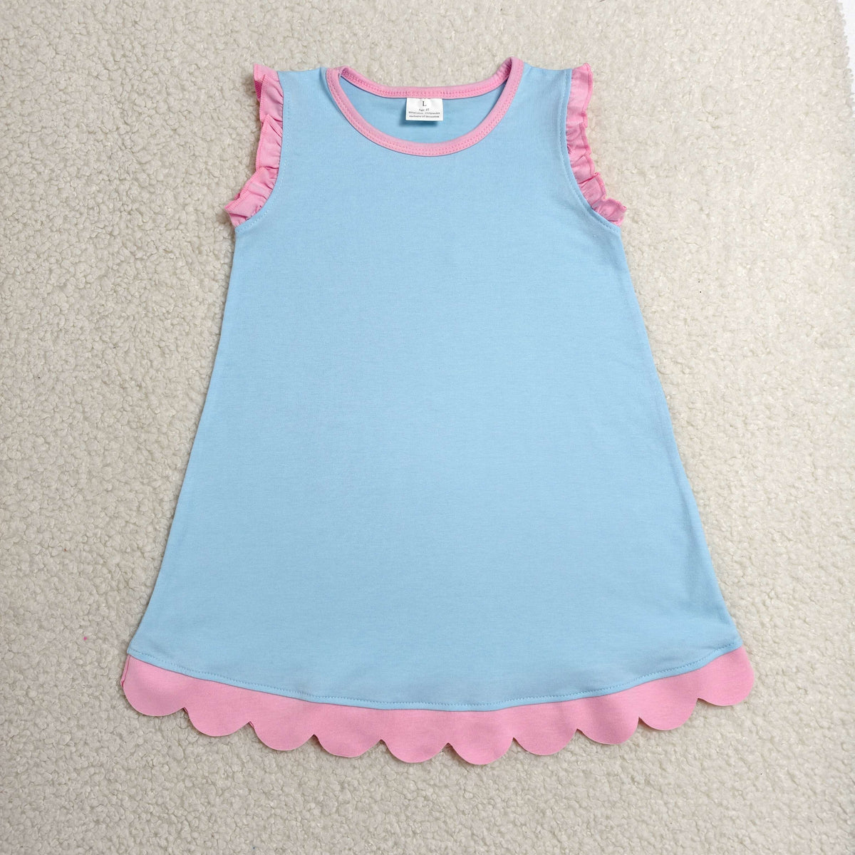 GSD4048 Baby Girls Pink Blue Sleeveless Scallop Cotton Knee Length Dress
