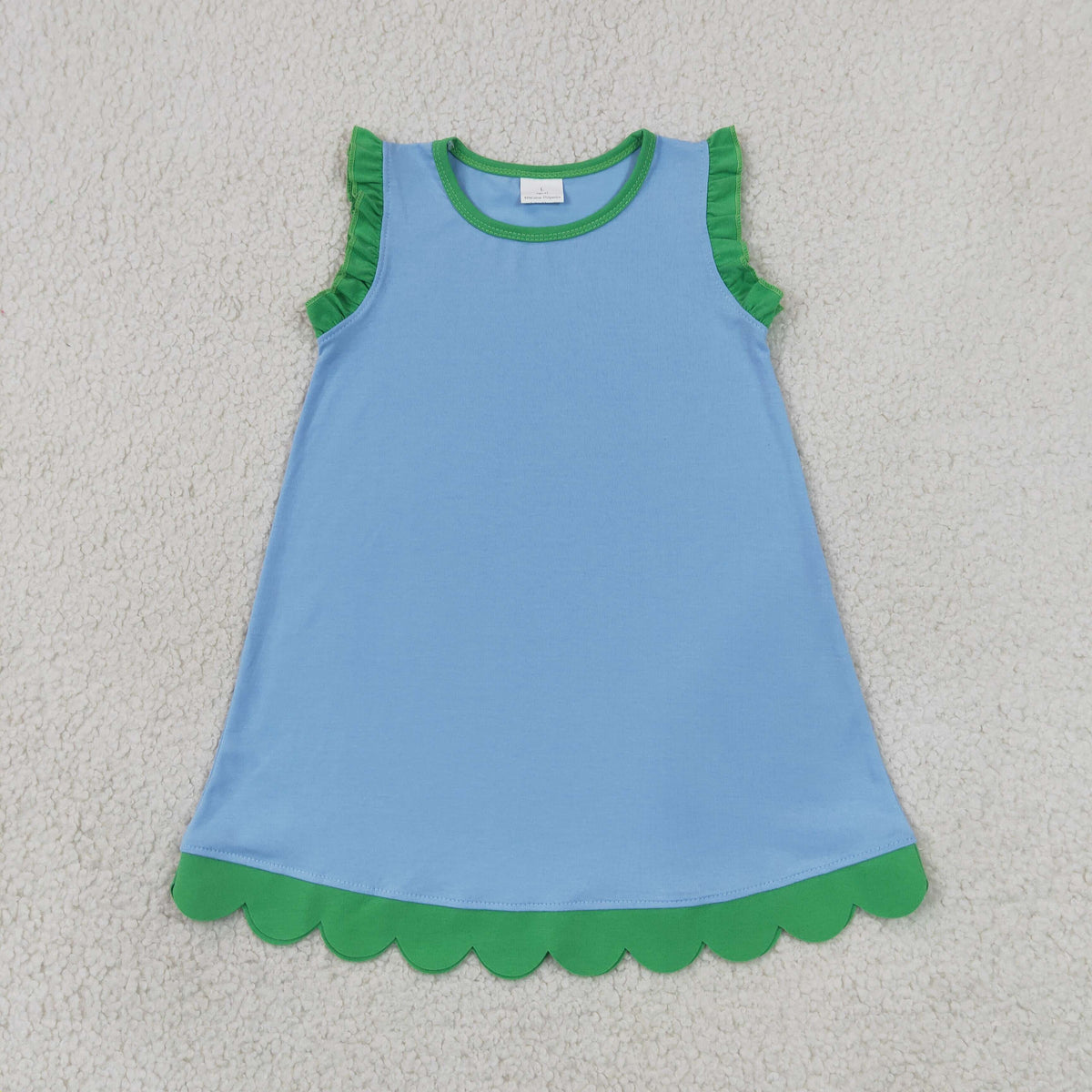GSD4060 Baby Girls Green Blue Sleeveless Scallop Cotton Knee Length Dress