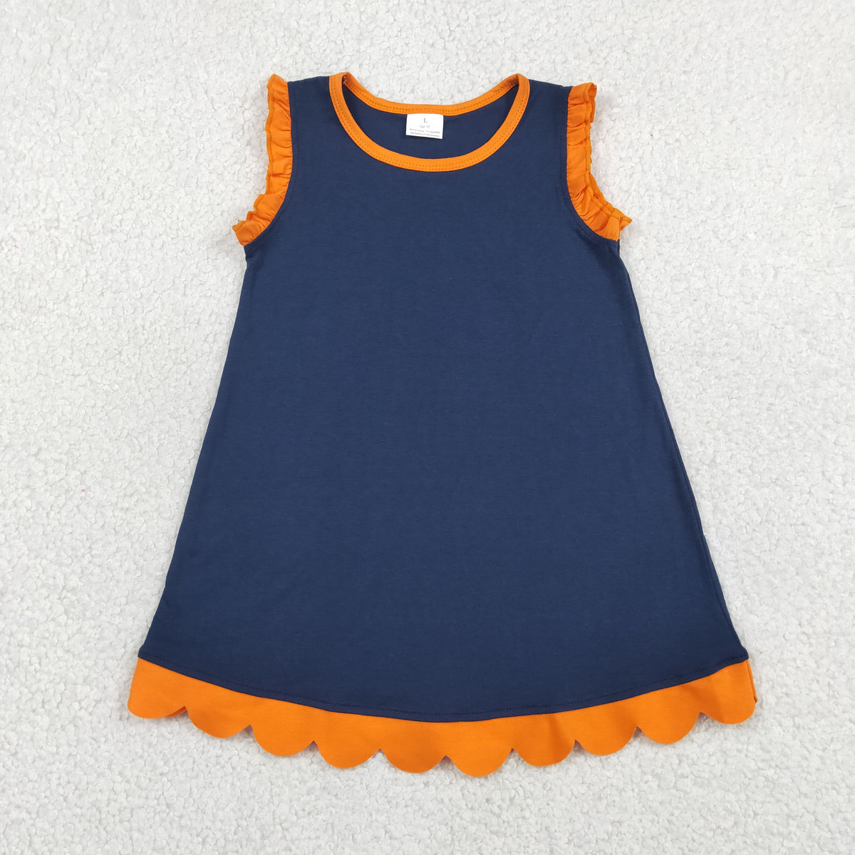 GSD4062 Baby Girls Orange Navy Sleeveless Scallop Cotton Knee Length Dress